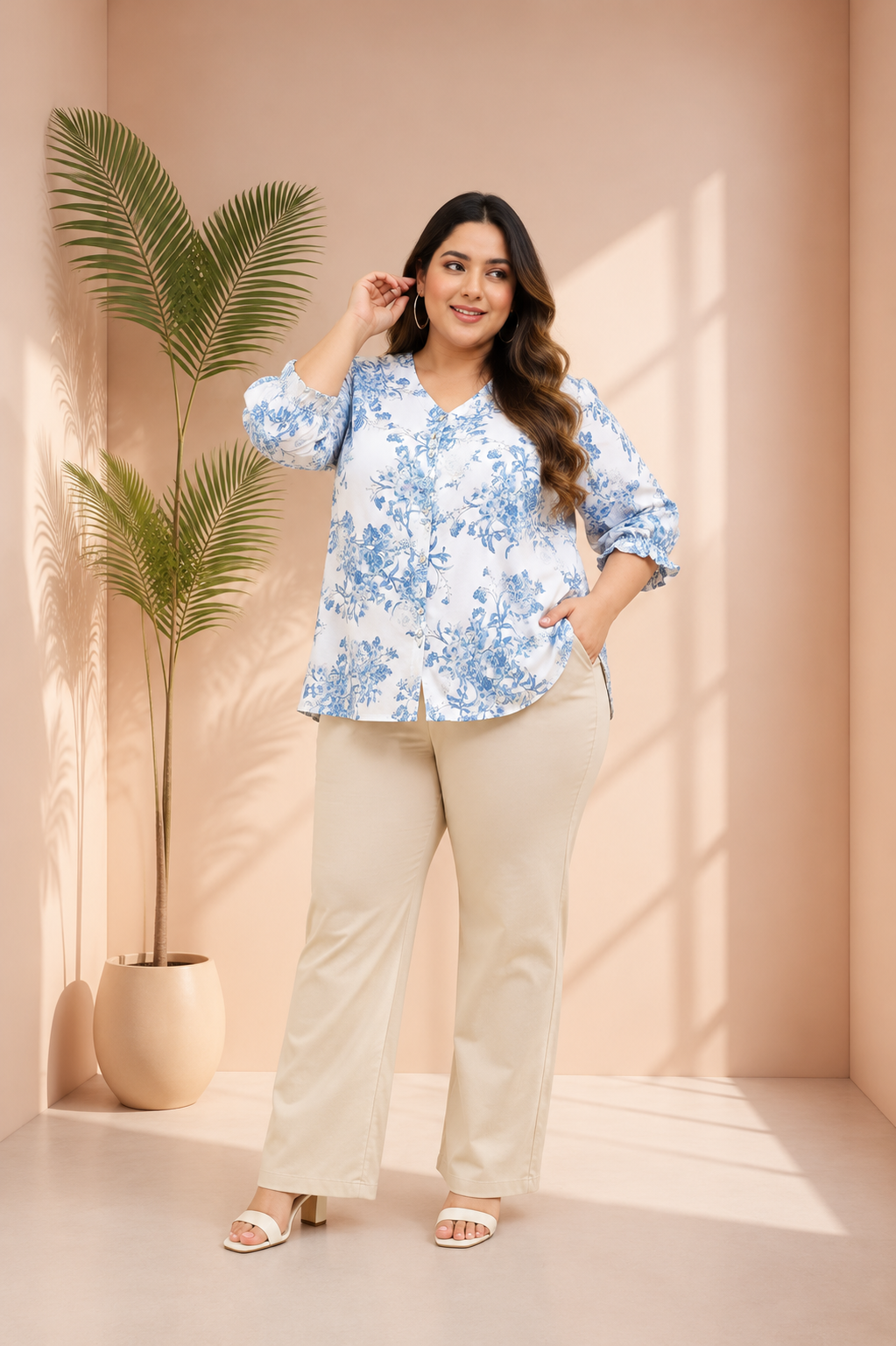 Plus Size Blue Floral Print Viscose Top