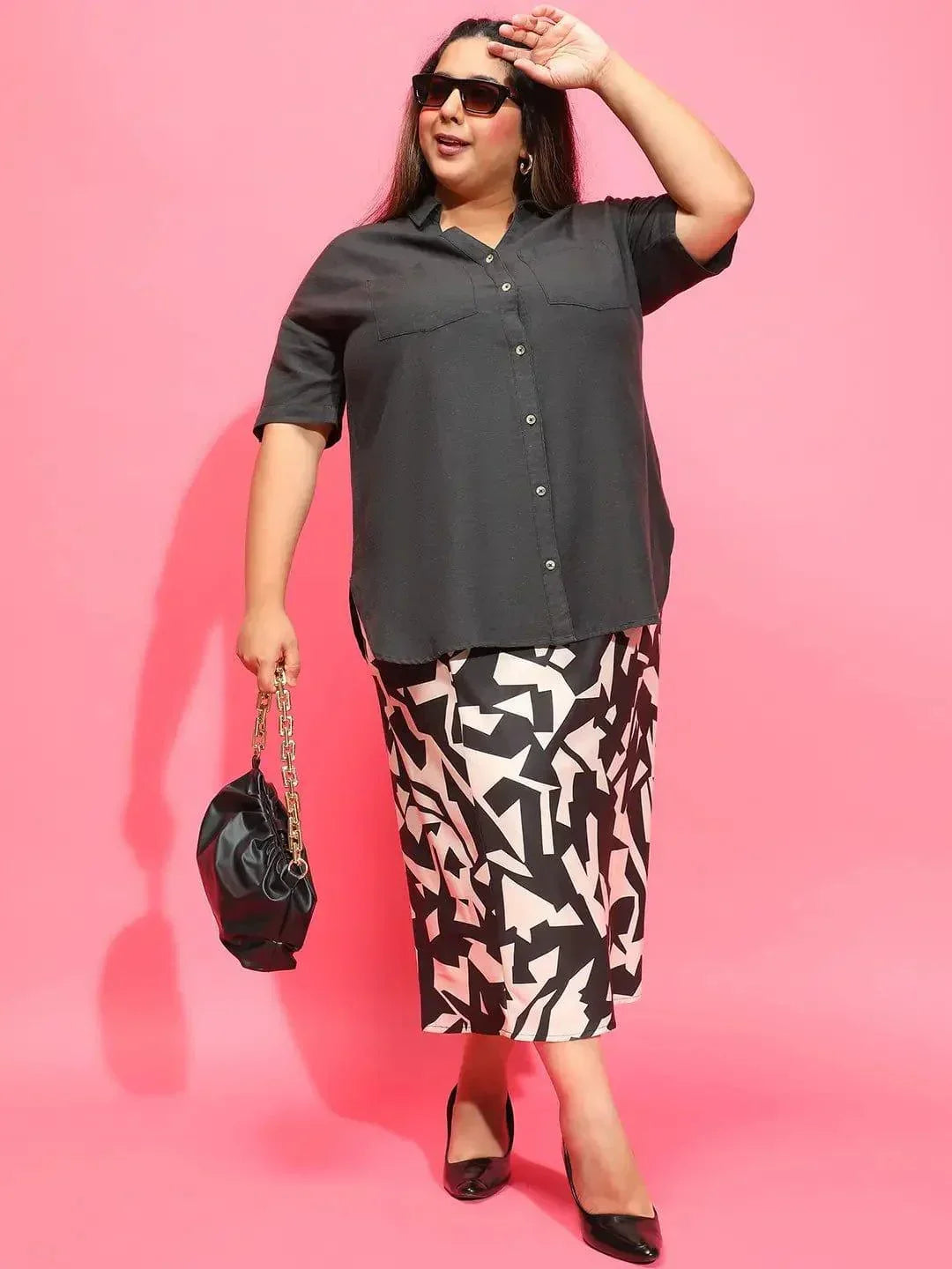 Plus Size Black Printed Skirt