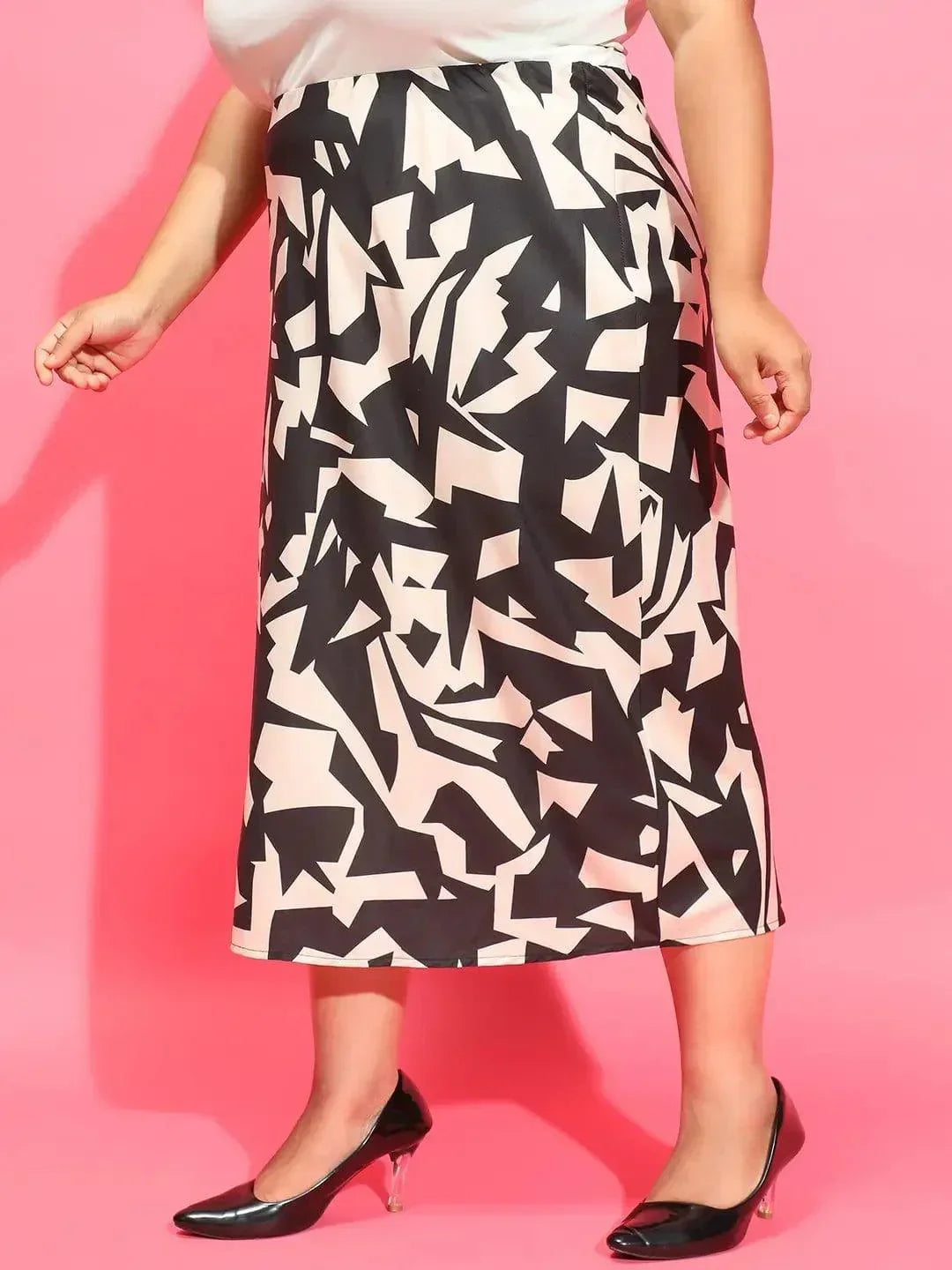Plus Size Black Printed Skirt