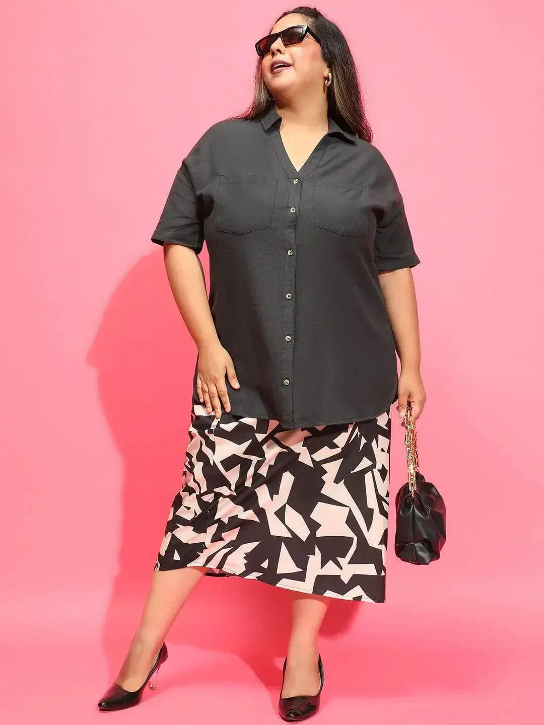 Plus Size Black Printed Skirt