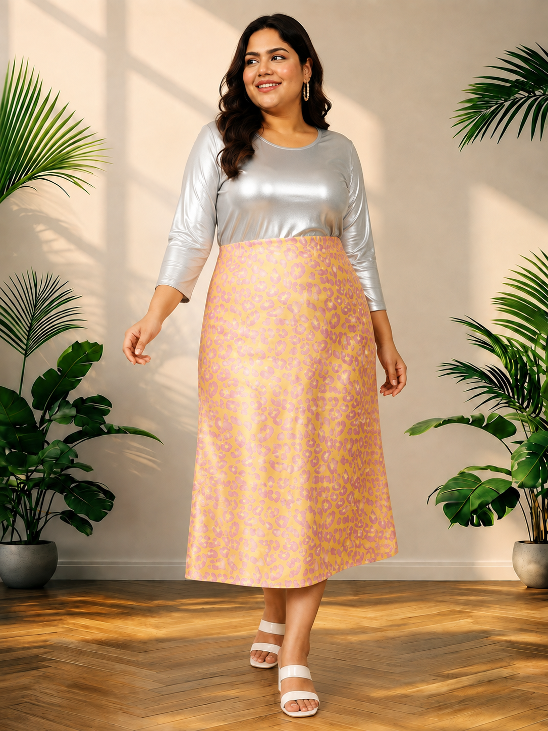 Plus Size Yellow Animal Print Skirt