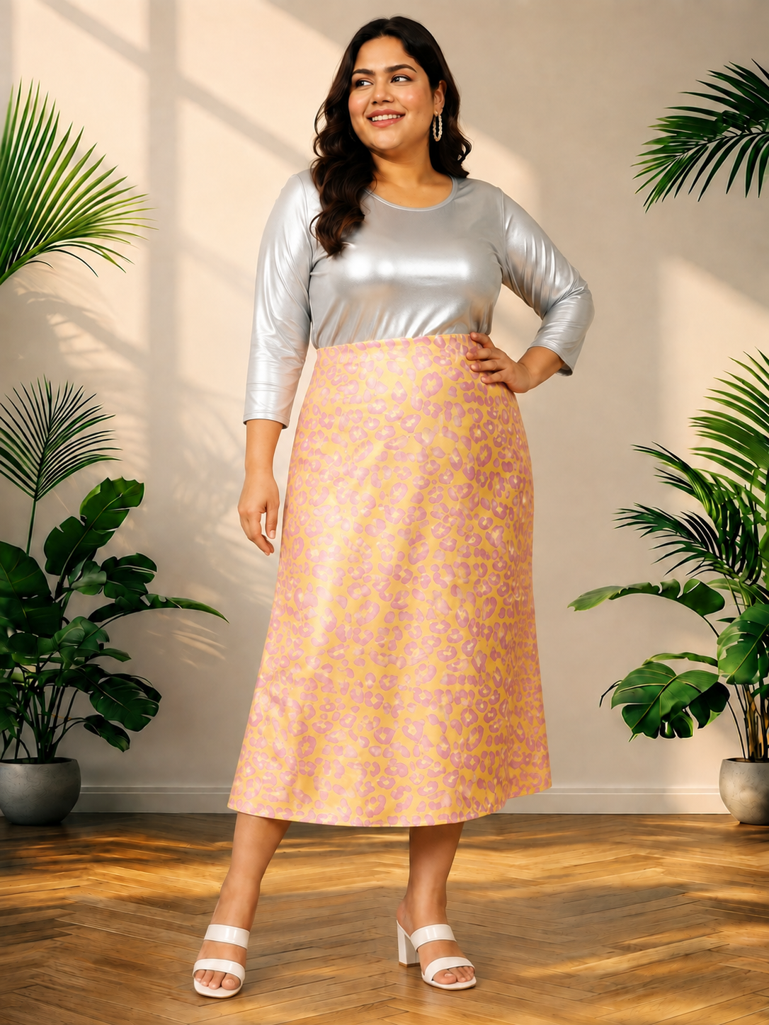 Plus Size Yellow Animal Print Skirt