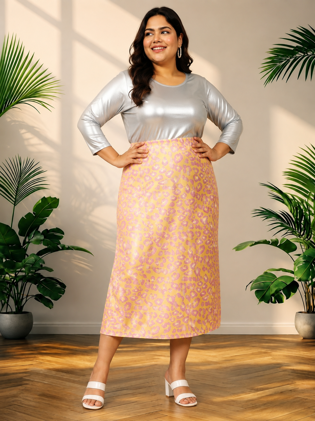 Plus Size Yellow Animal Print Skirt
