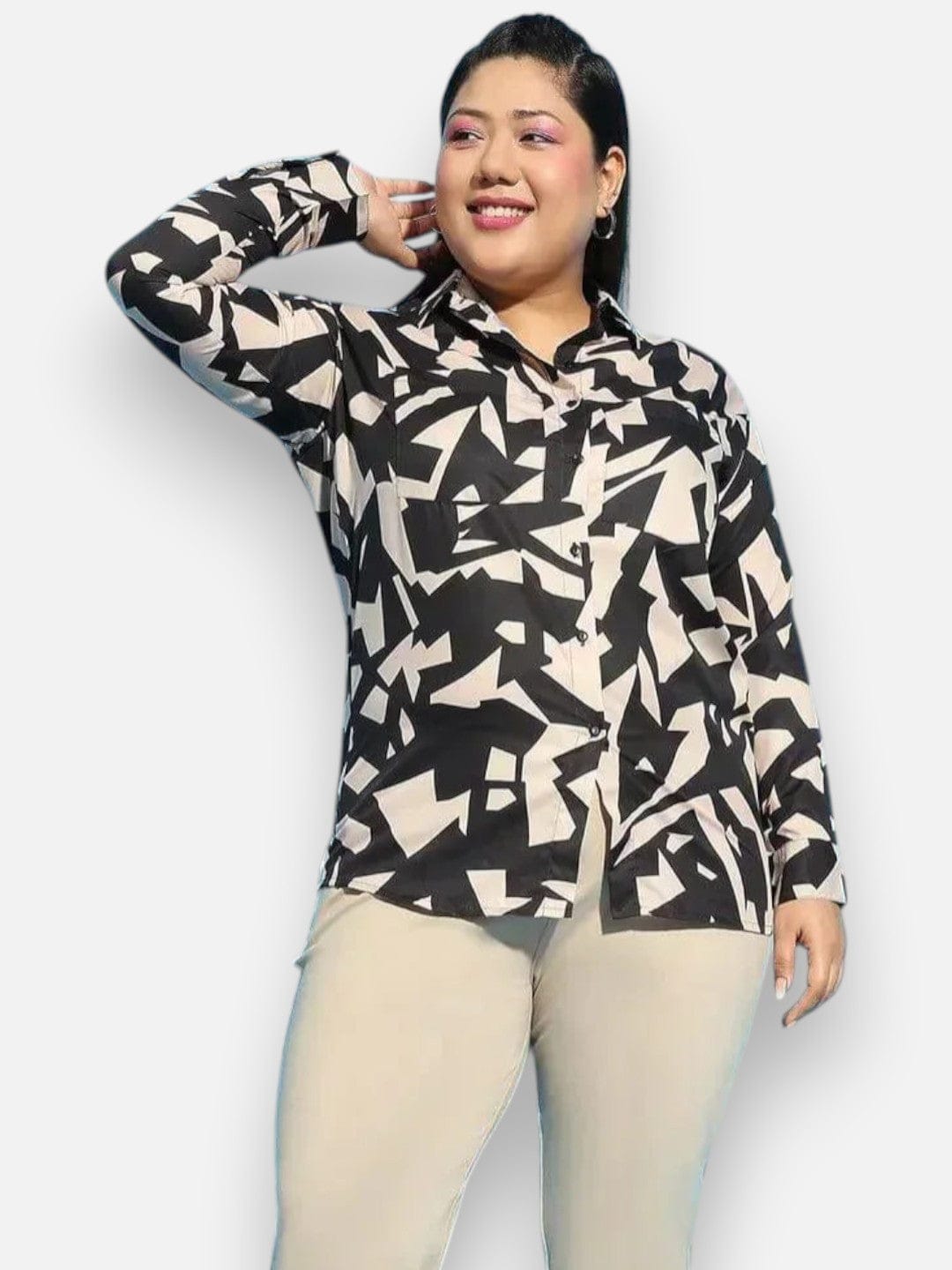 Plus Size Black Printed Polyester Shirt