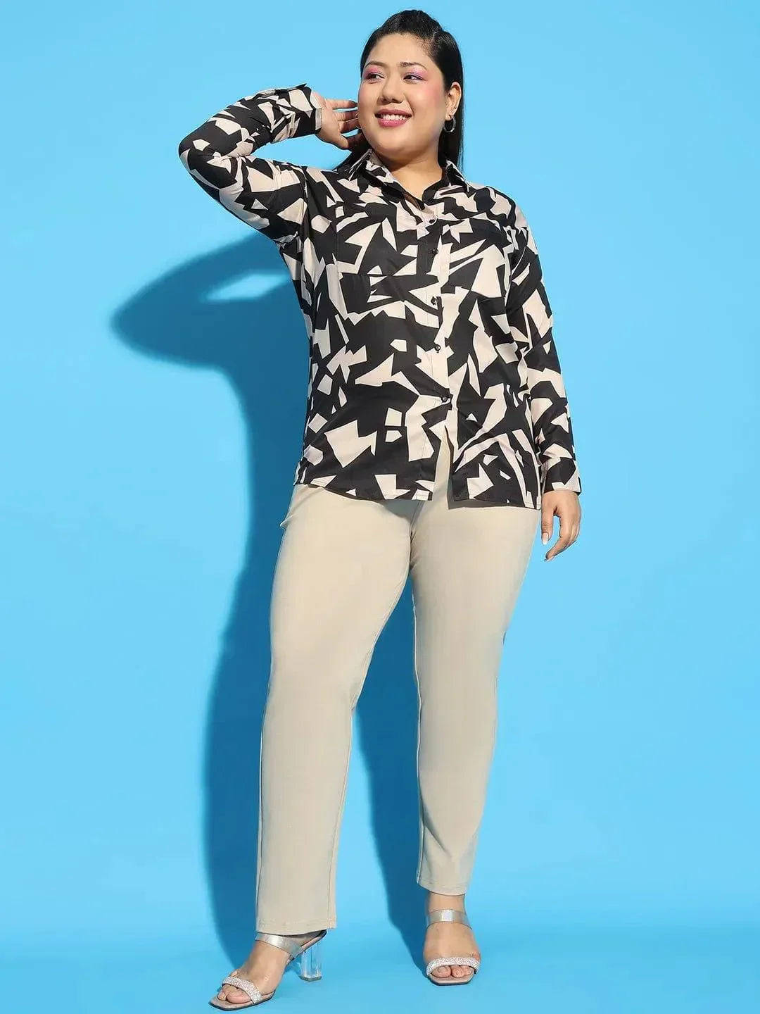Black Color Printed Long Sleeve Button Down Shirt Plus Size Women Shirt - oxolloxo