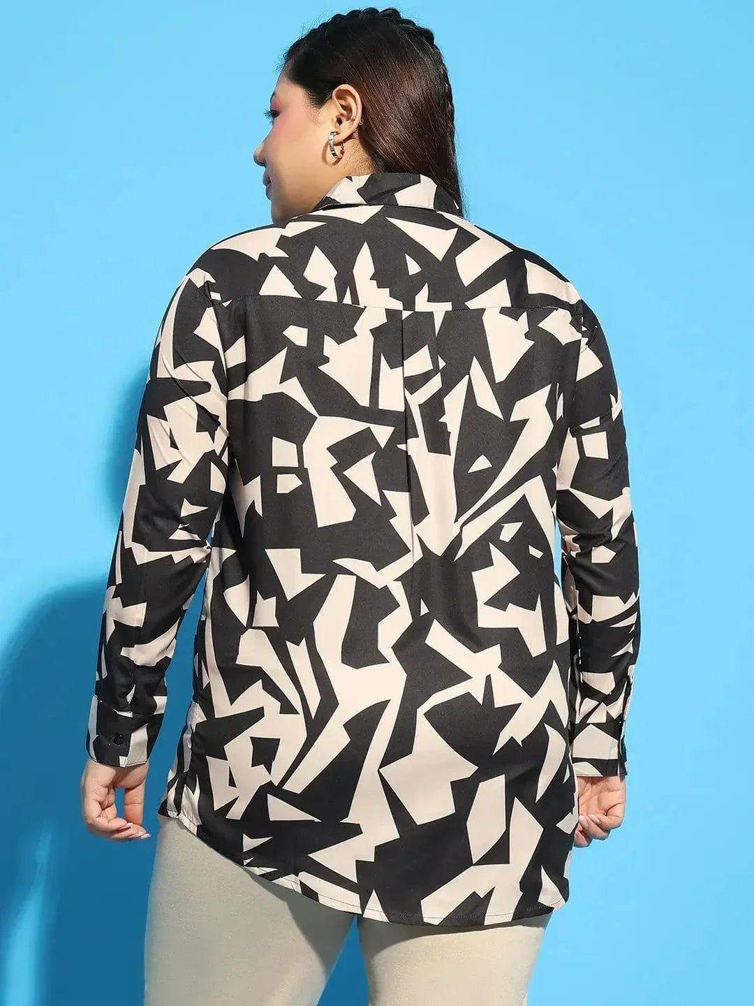 Black Color Printed Long Sleeve Button Down Shirt Plus Size Women Shirt - oxolloxo