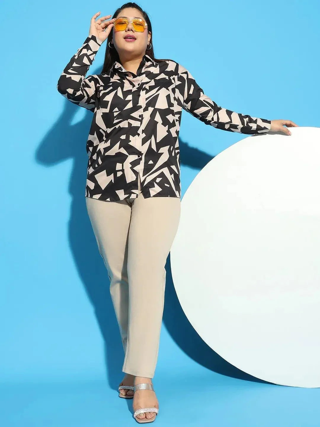 Black Color Printed Long Sleeve Button Down Shirt Plus Size Women Shirt - oxolloxo