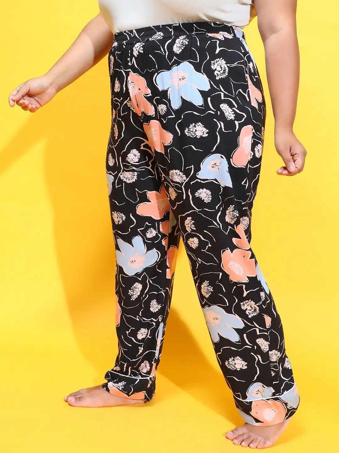 Black Color Floral Printed Elasticated Comfy Women Plus Size Pajama - oxolloxo