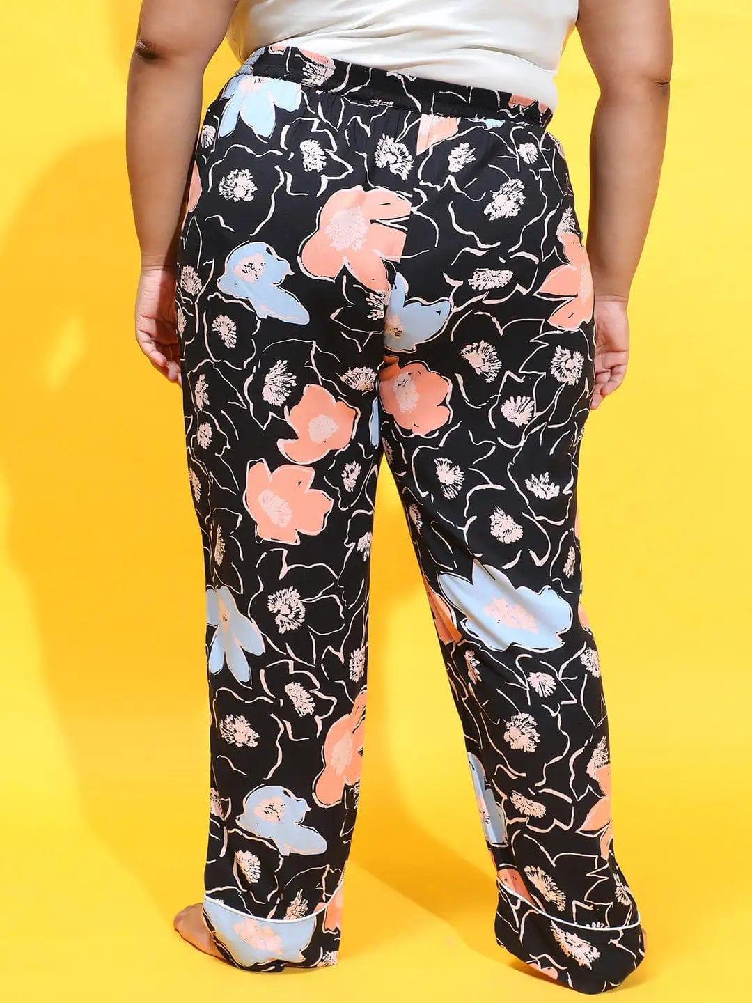 Black Color Floral Printed Elasticated Comfy Women Plus Size Pajama - oxolloxo