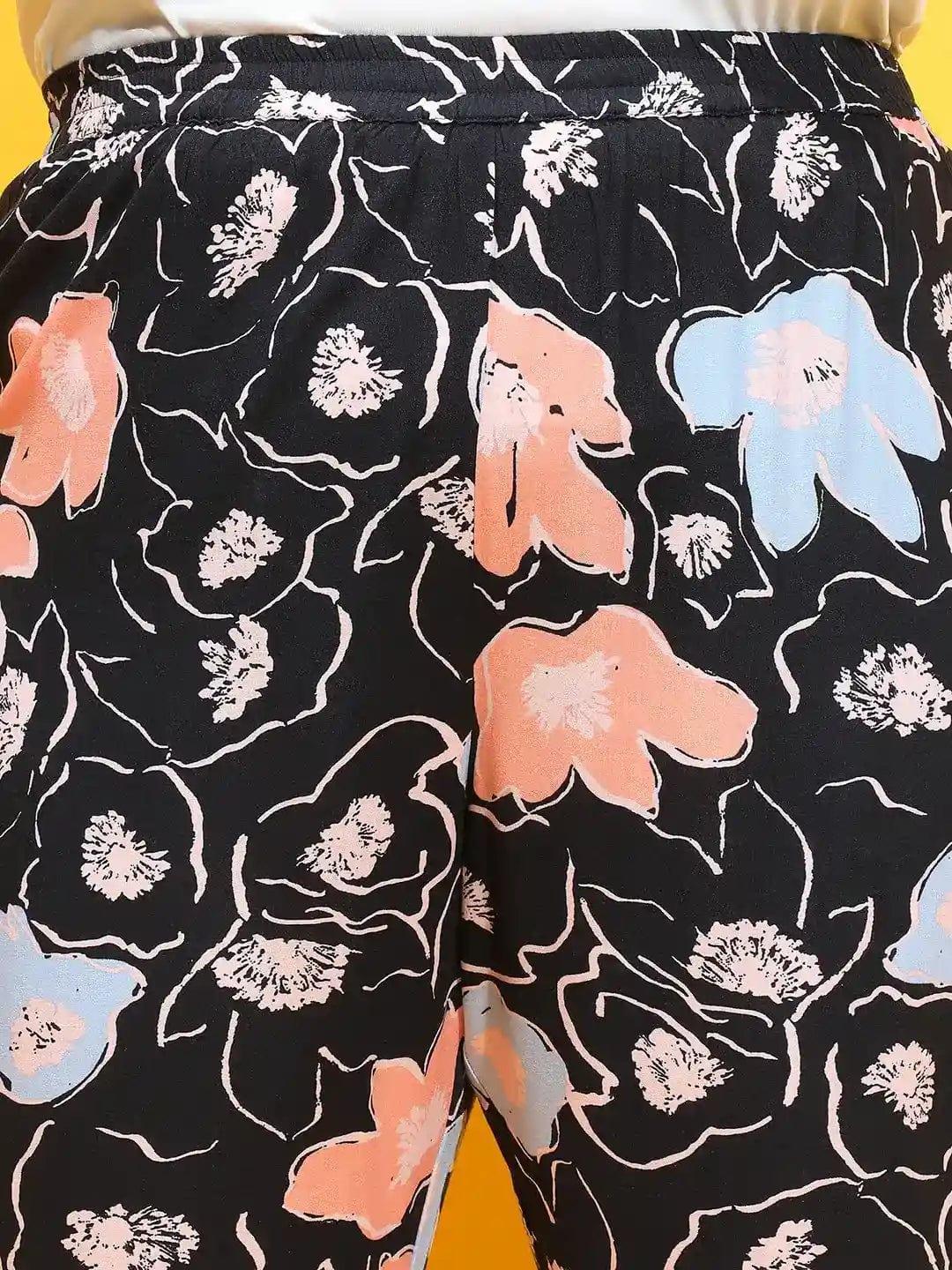 Black Color Floral Printed Elasticated Comfy Women Plus Size Pajama - oxolloxo