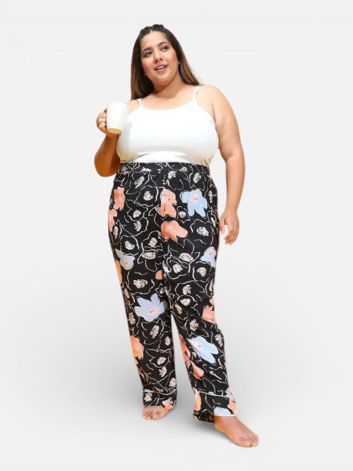 Plus Size Black Floral Printed Viscose Pajama