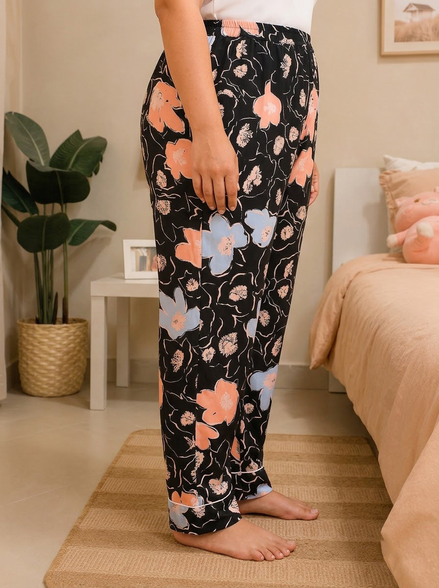 Plus Size Black Floral Printed Viscose Pajama