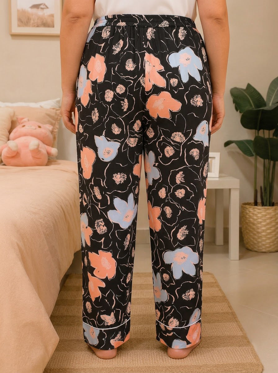 Plus Size Black Floral Printed Viscose Pajama