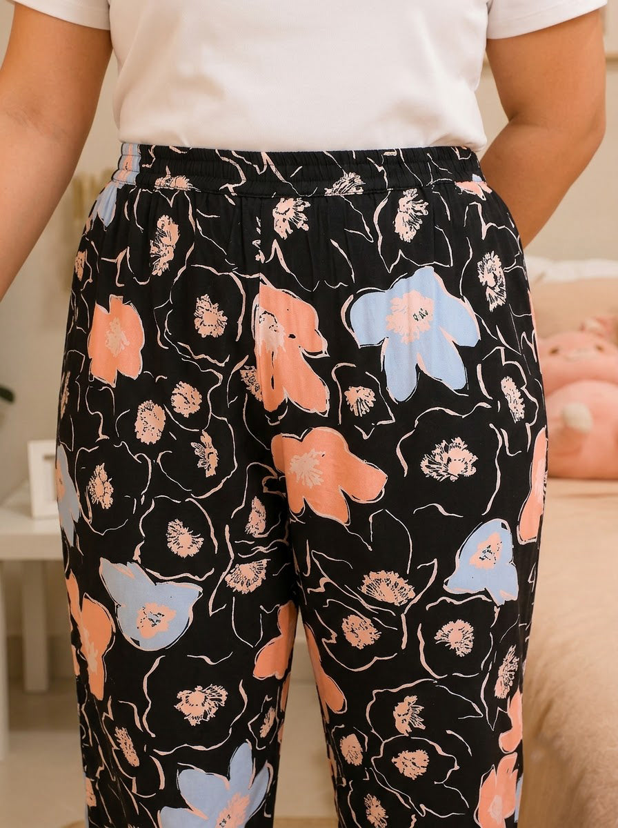 Plus Size Black Floral Printed Viscose Pajama