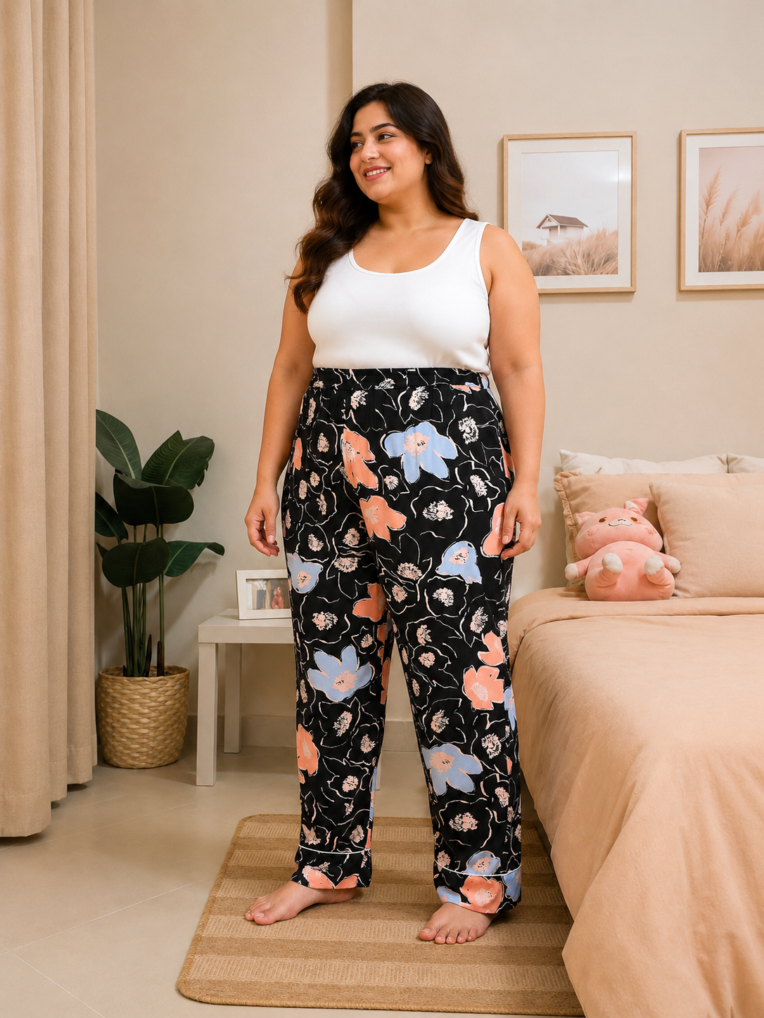 Plus Size Black Floral Printed Viscose Pajama