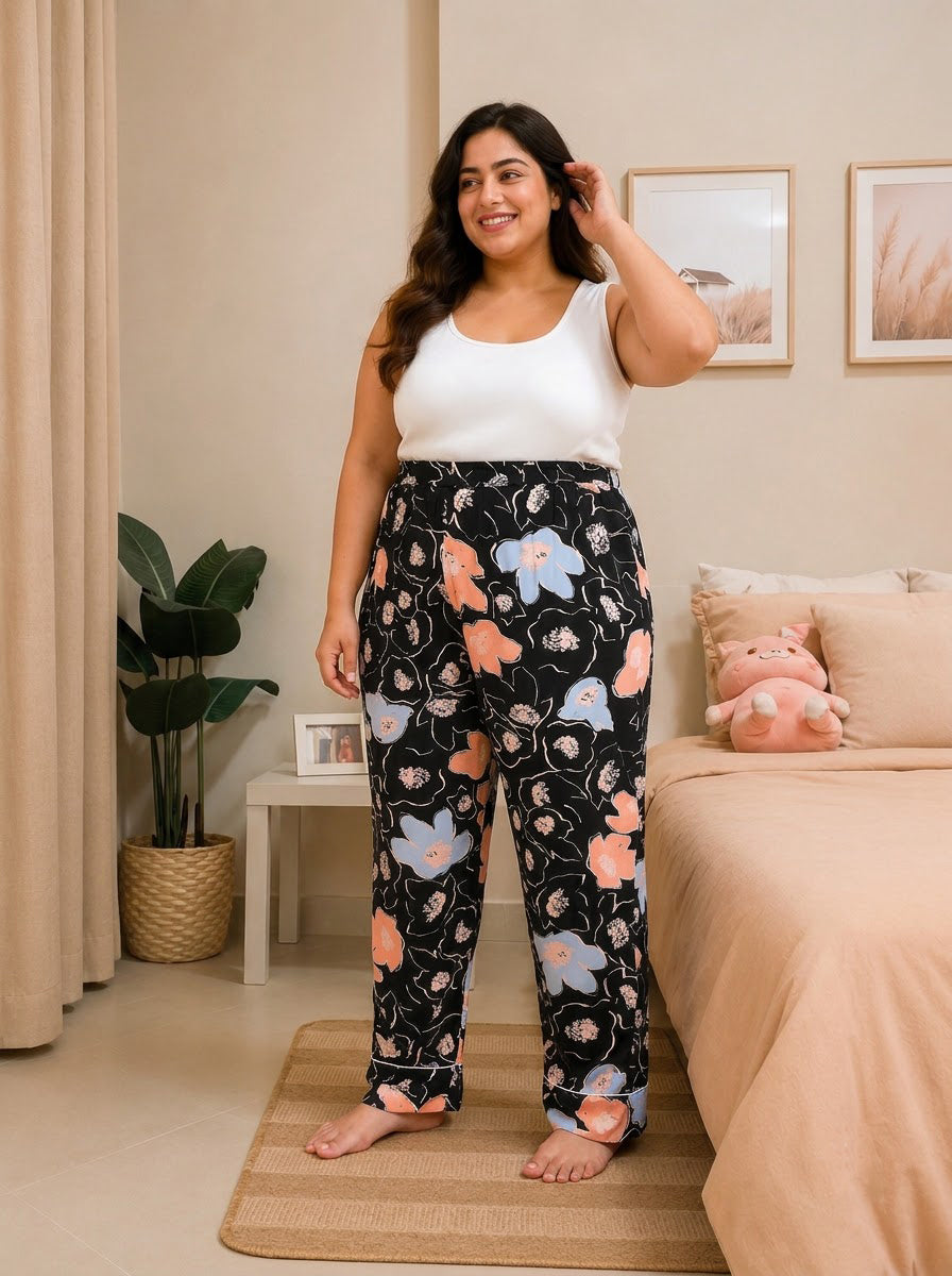 Plus Size Black Floral Printed Viscose Pajama