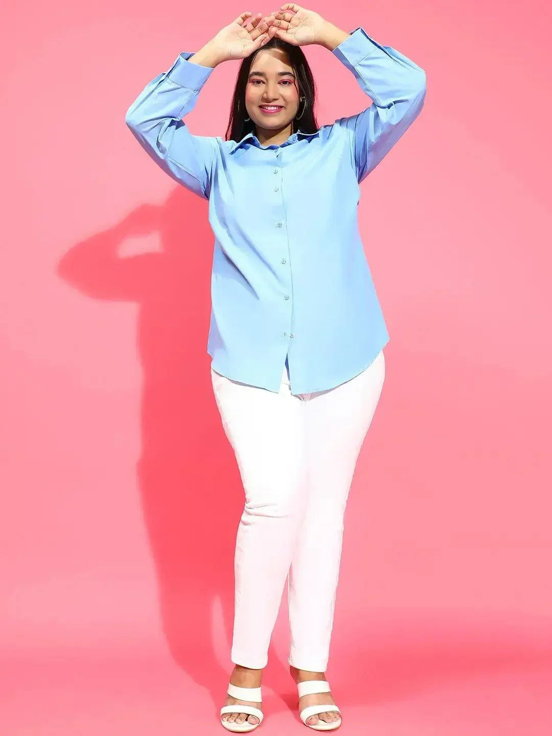 Clear Blue Collared Long Sleeve Plus Size Shirt Available - oxolloxo