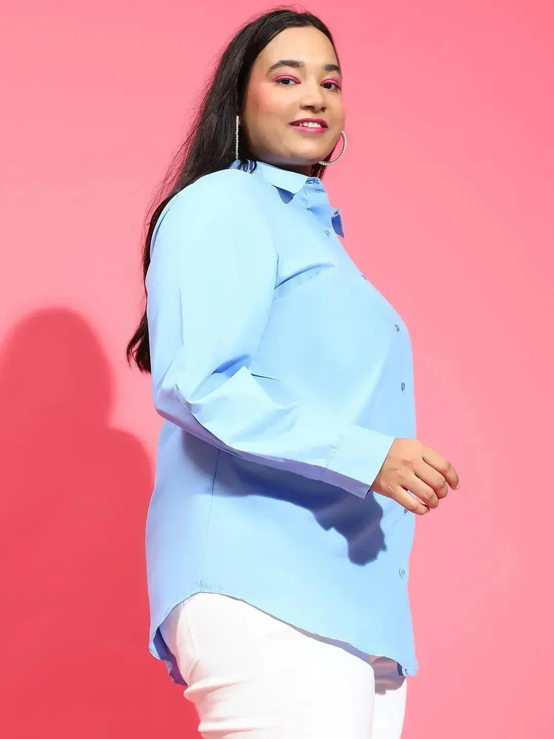 Clear Blue Collared Long Sleeve Plus Size Shirt Available - oxolloxo