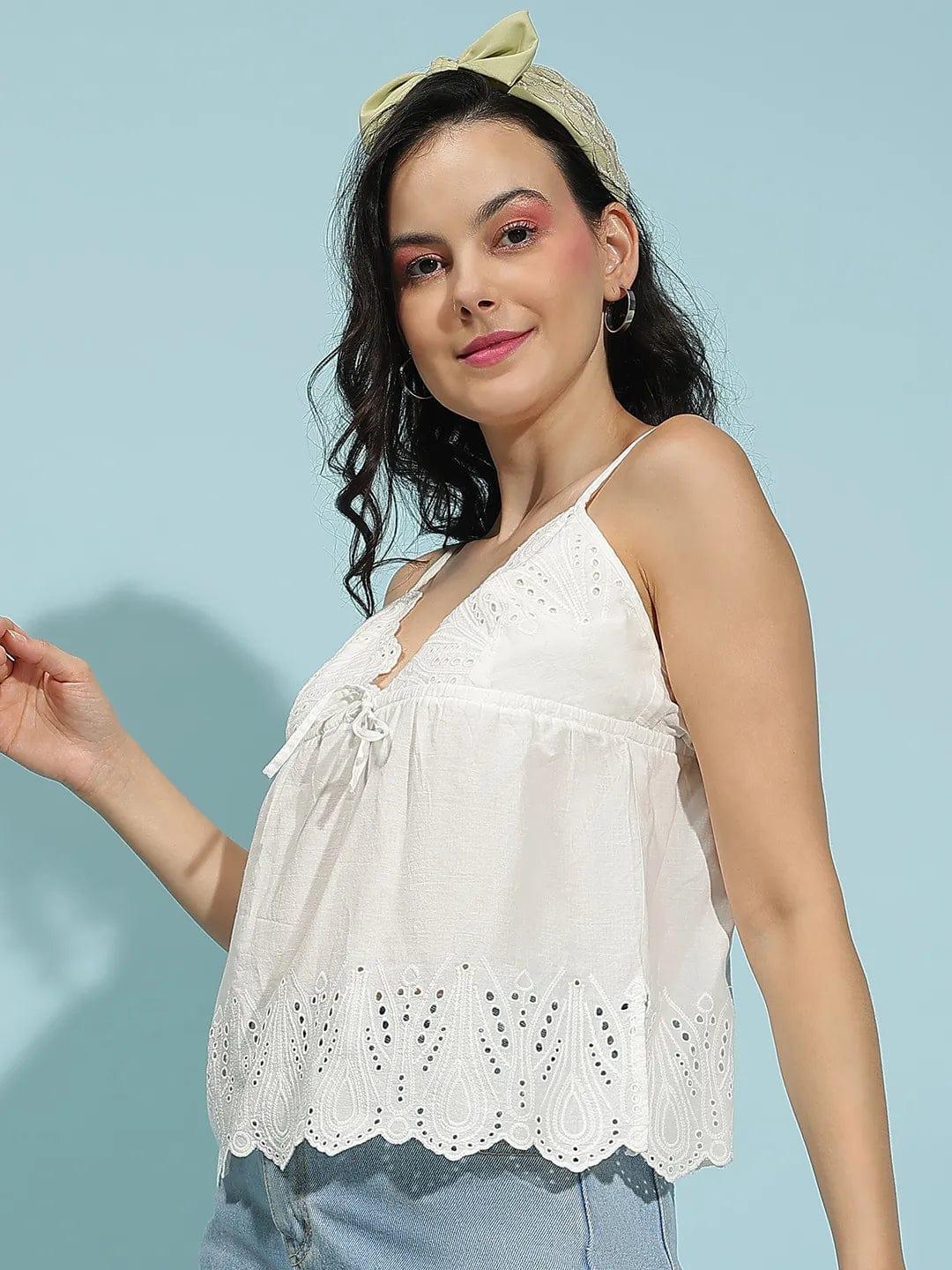 chic white v neck strappy women cotton top