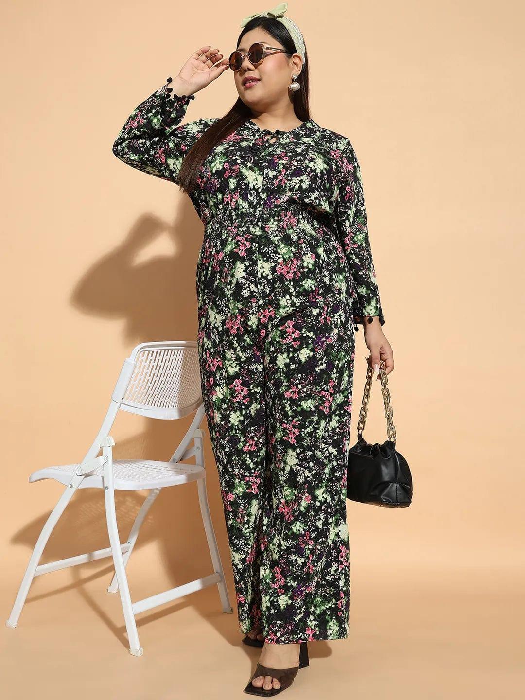 Plus size multicolour floral print jumpsuit with 3/4 sleeves