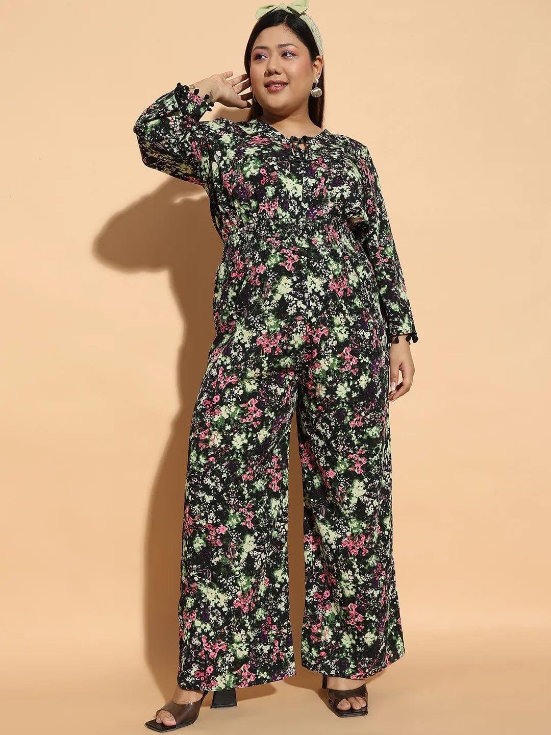 Plus size multicolour floral print jumpsuit with 3/4 sleeves, photo 2