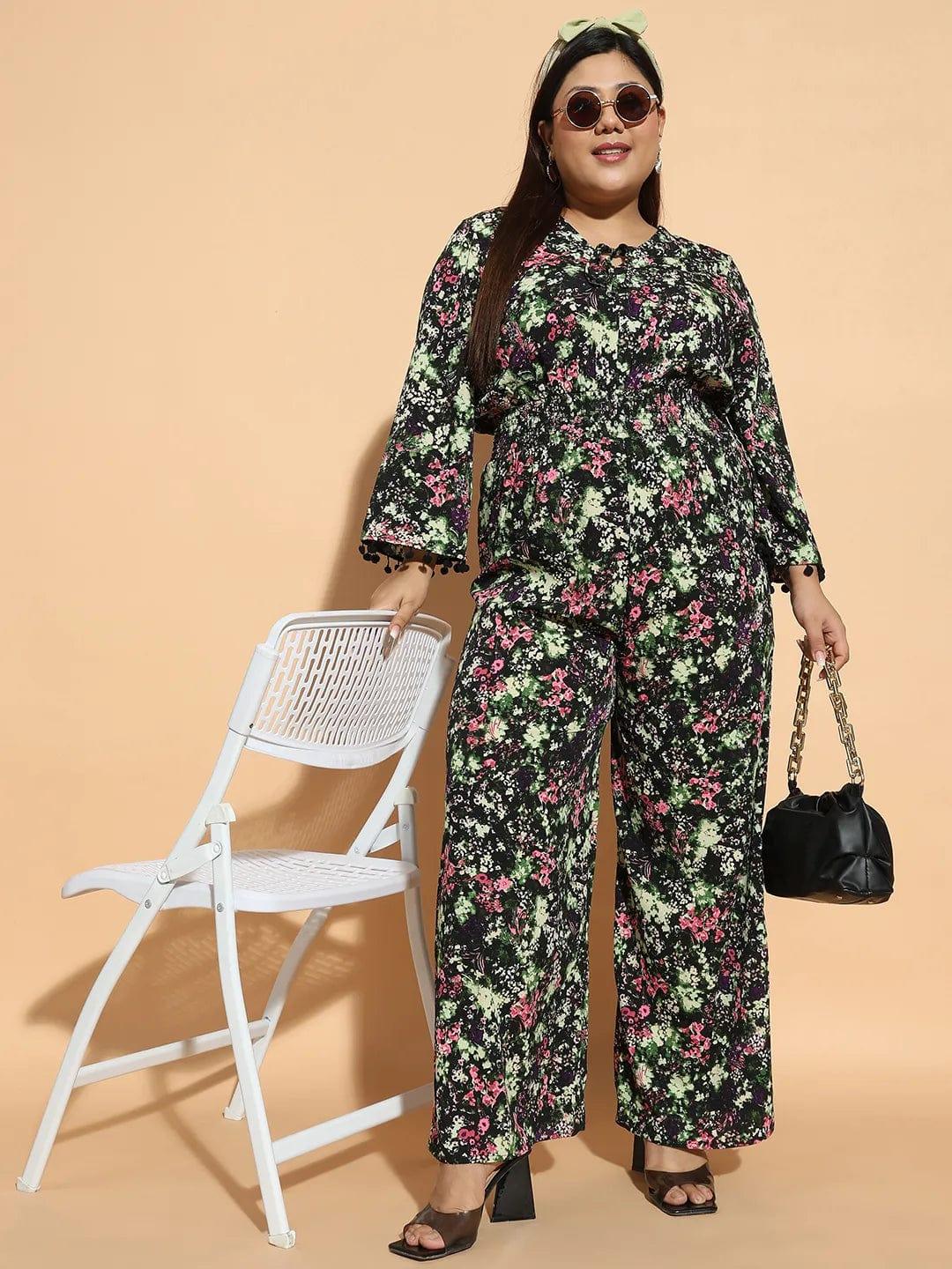 Plus size multicolour floral print jumpsuit with 3/4 sleeves, photo 4