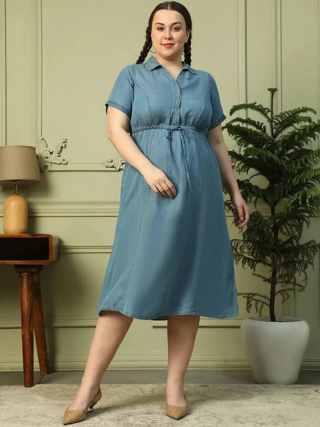 Touchy Light Blue Collared Button Down Short Sleeve Elasticated Tie-Up Belt Long Denim Plus Size Women Cotton Dress - oxolloxo