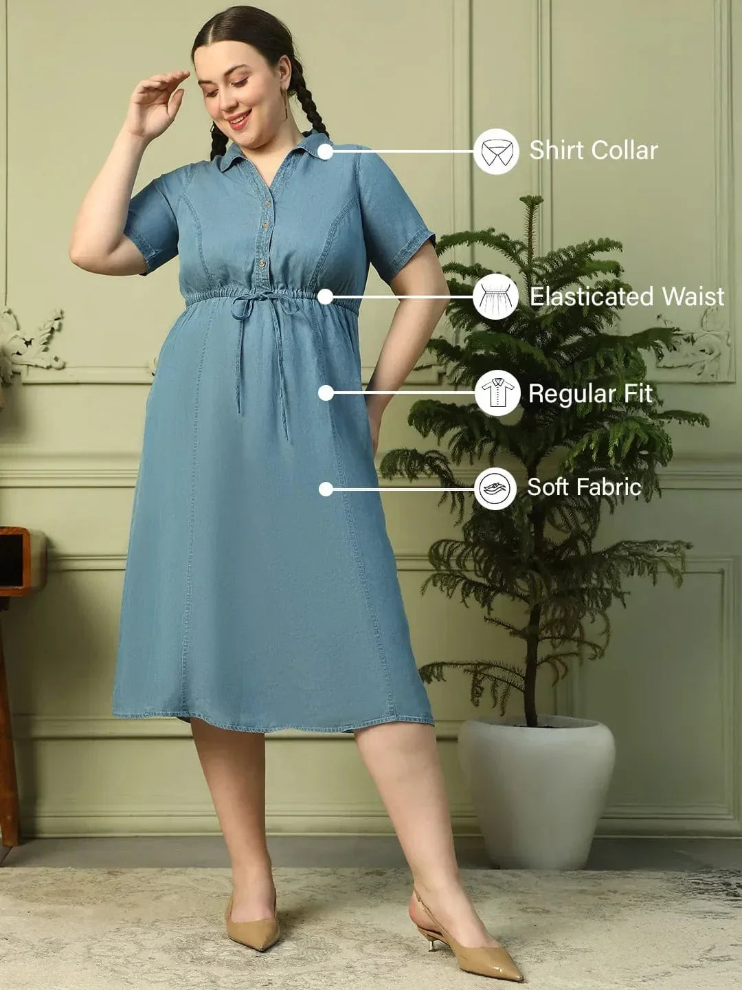 Touchy Light Blue Collared Button Down Short Sleeve Elasticated Tie-Up Belt Long Denim Plus Size Women Cotton Dress - oxolloxo