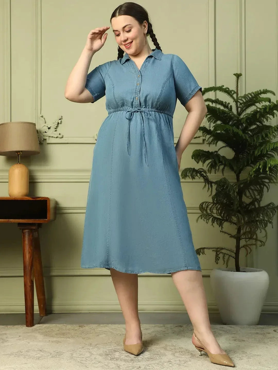 Touchy Light Blue Collared Button Down Short Sleeve Elasticated Tie-Up Belt Long Denim Plus Size Women Cotton Dress - oxolloxo