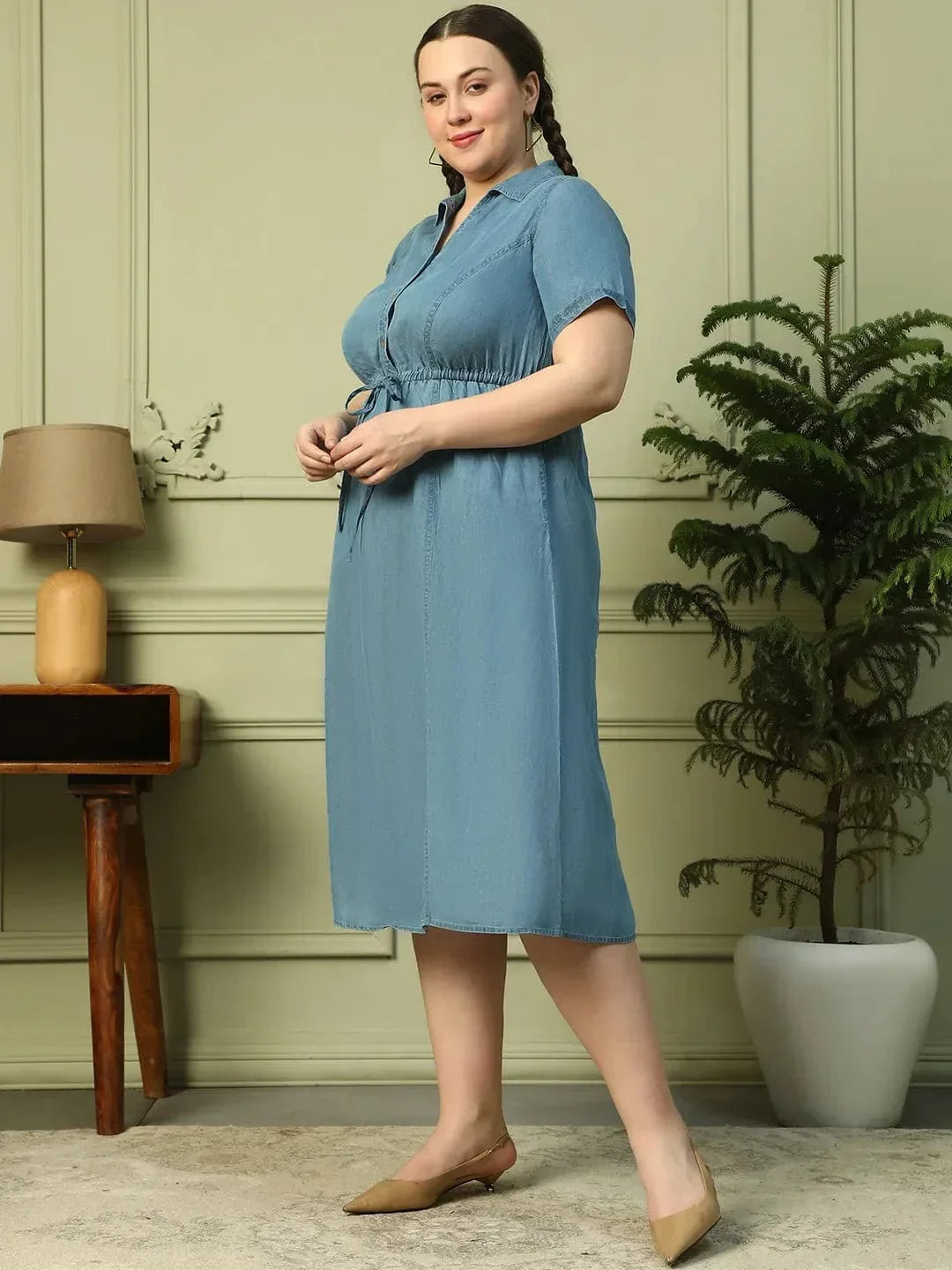 Touchy Light Blue Collared Button Down Short Sleeve Elasticated Tie-Up Belt Long Denim Plus Size Women Cotton Dress - oxolloxo