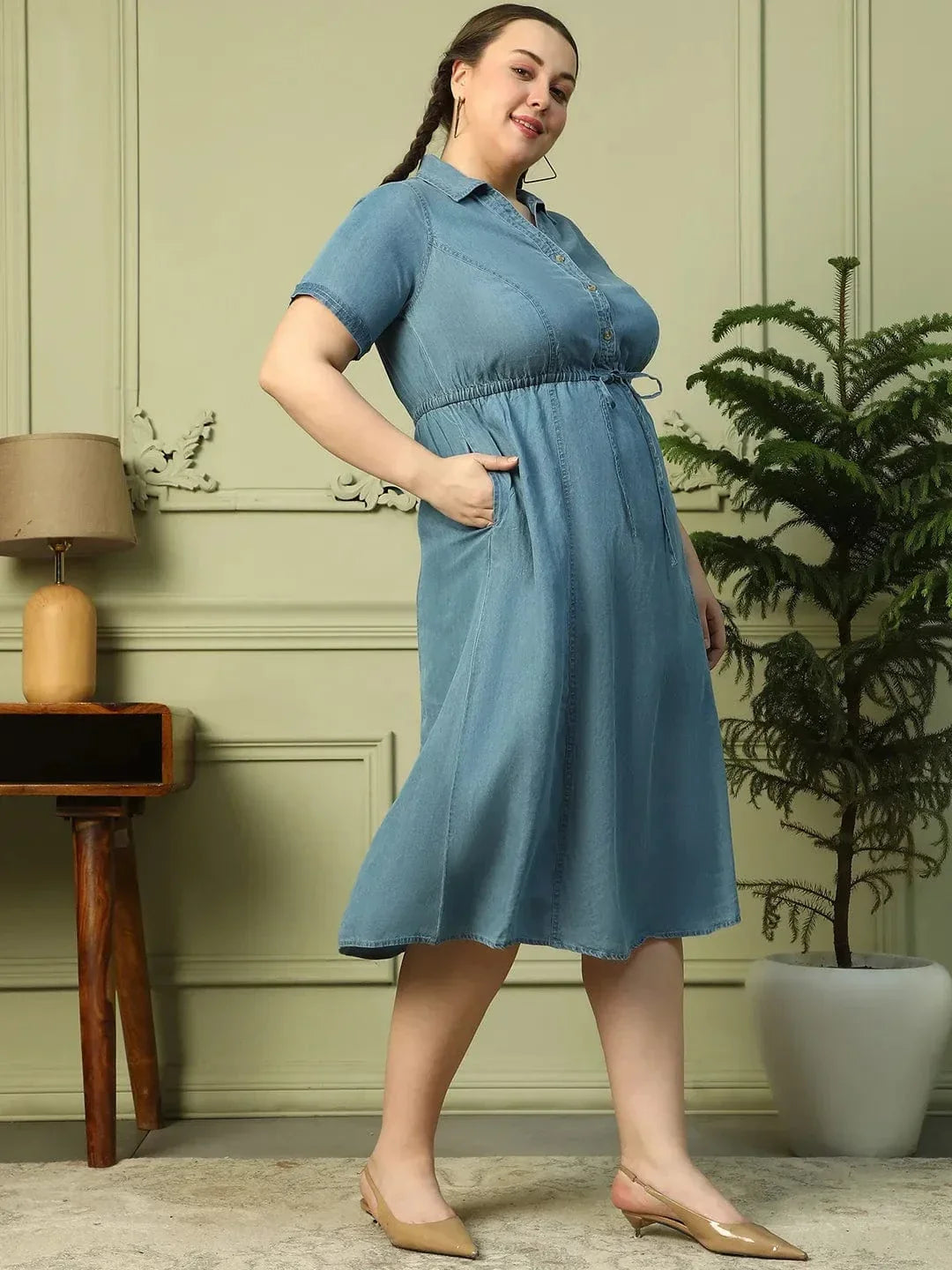 Touchy Light Blue Collared Button Down Short Sleeve Elasticated Tie-Up Belt Long Denim Plus Size Women Cotton Dress - oxolloxo