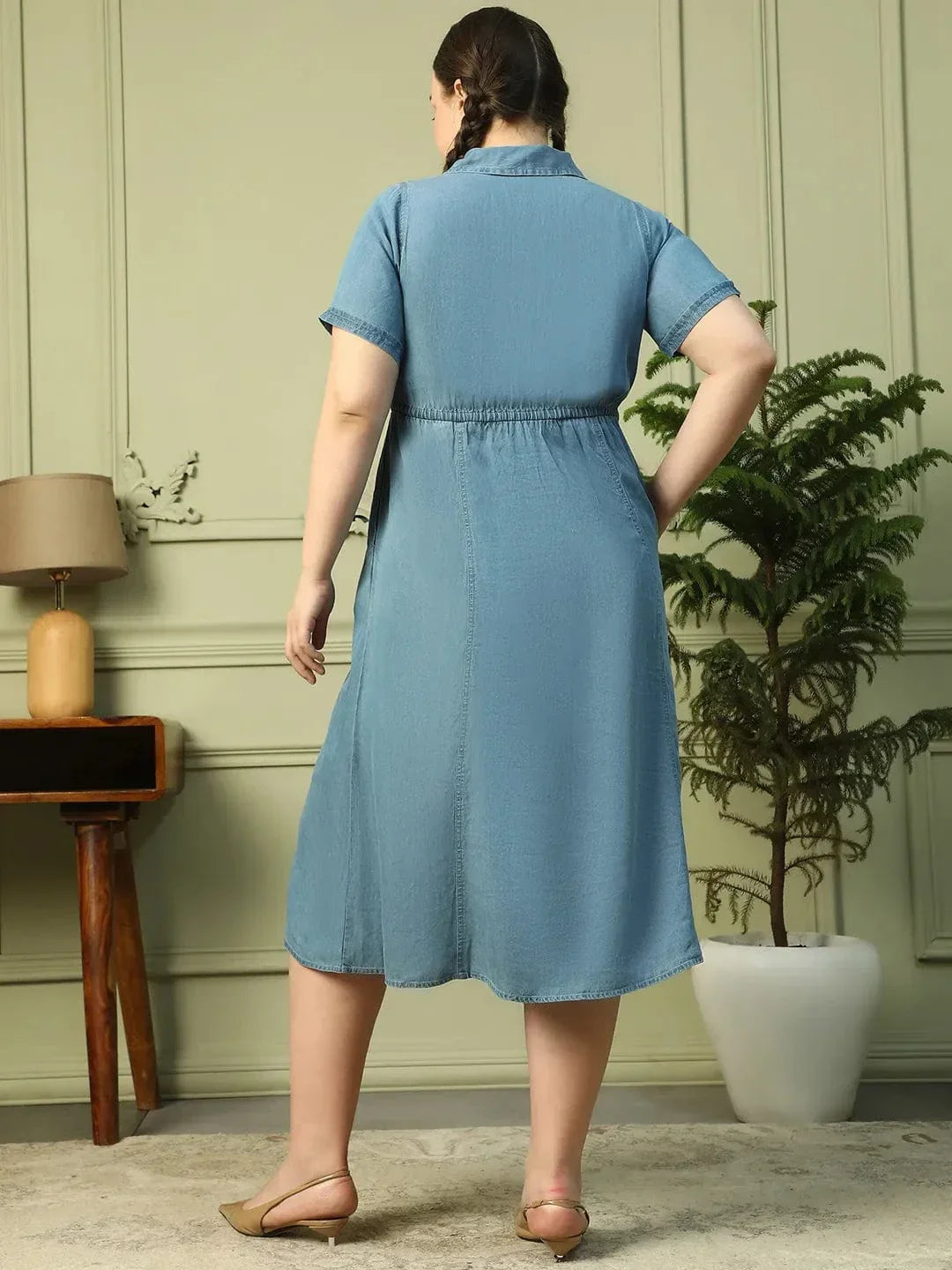 Touchy Light Blue Collared Button Down Short Sleeve Elasticated Tie-Up Belt Long Denim Plus Size Women Cotton Dress - oxolloxo