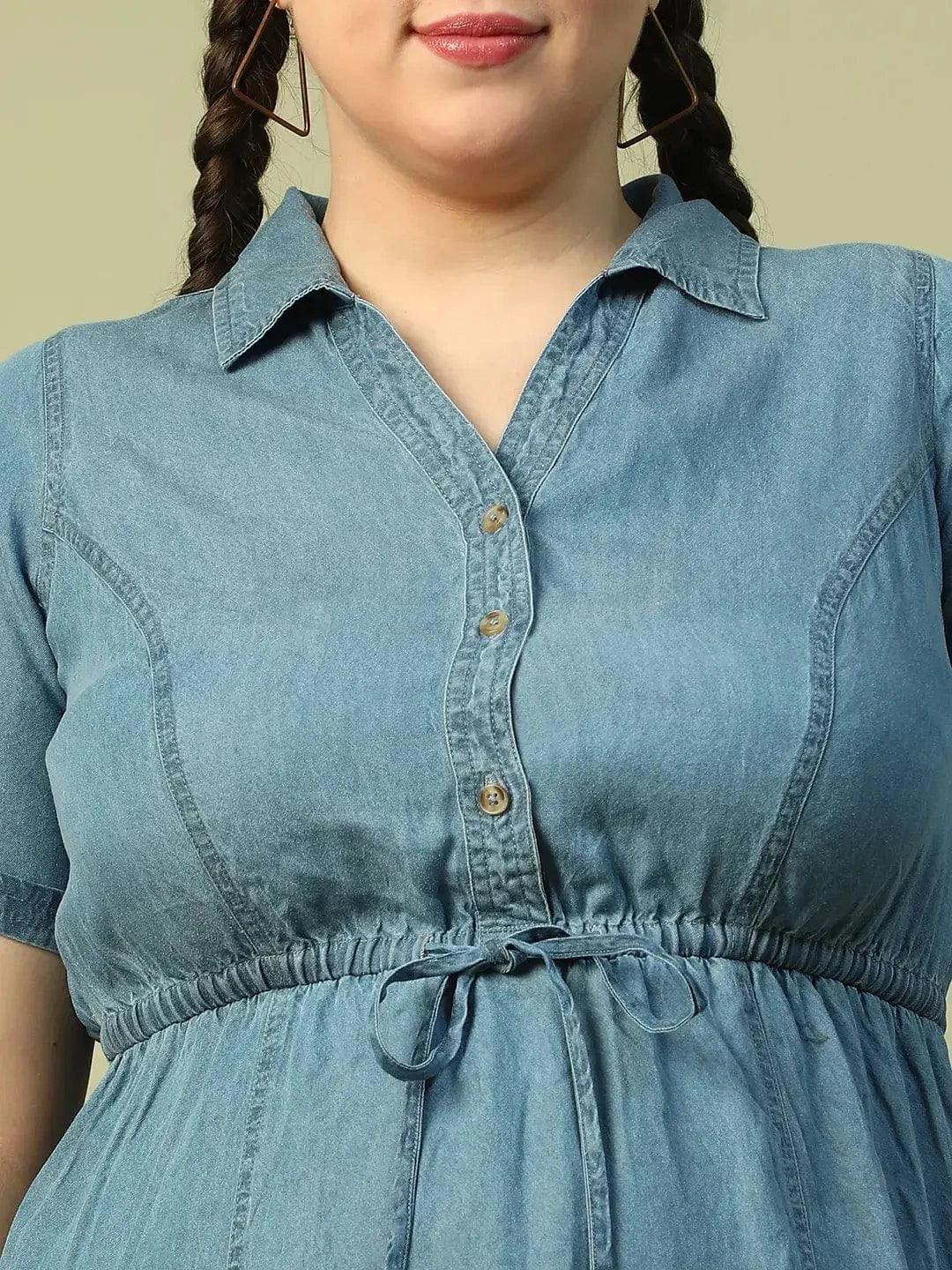 Touchy Light Blue Collared Button Down Short Sleeve Elasticated Tie-Up Belt Long Denim Plus Size Women Cotton Dress - oxolloxo