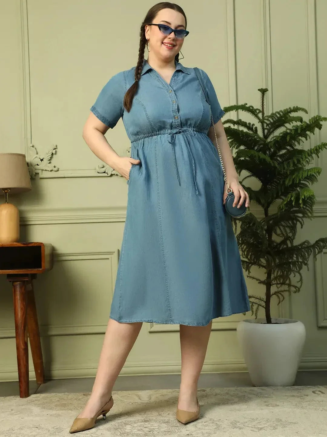 Touchy Light Blue Collared Button Down Short Sleeve Elasticated Tie-Up Belt Long Denim Plus Size Women Cotton Dress - oxolloxo