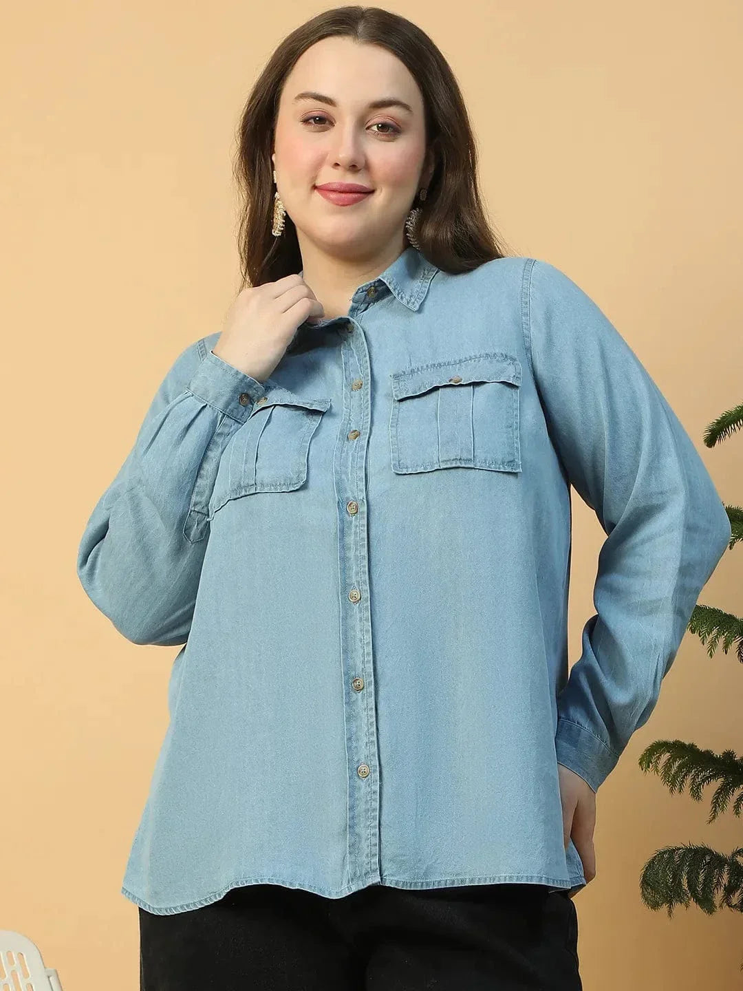 Quick Light Blue Collared Neck With Button Down Long Sleeve Plus Size Women Cotton Denim Shirt - oxolloxo