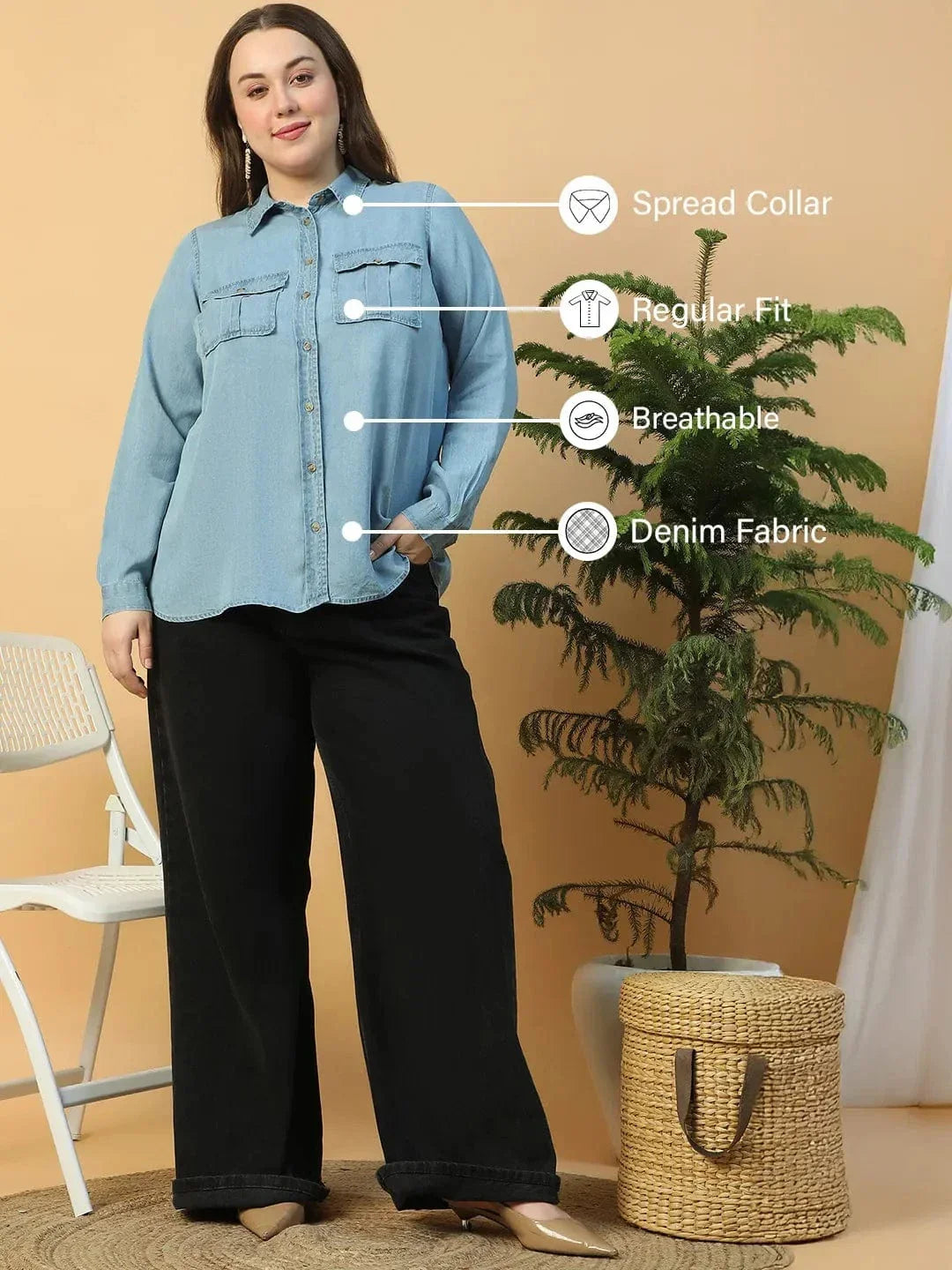 Quick Light Blue Collared Neck With Button Down Long Sleeve Plus Size Women Cotton Denim Shirt - oxolloxo