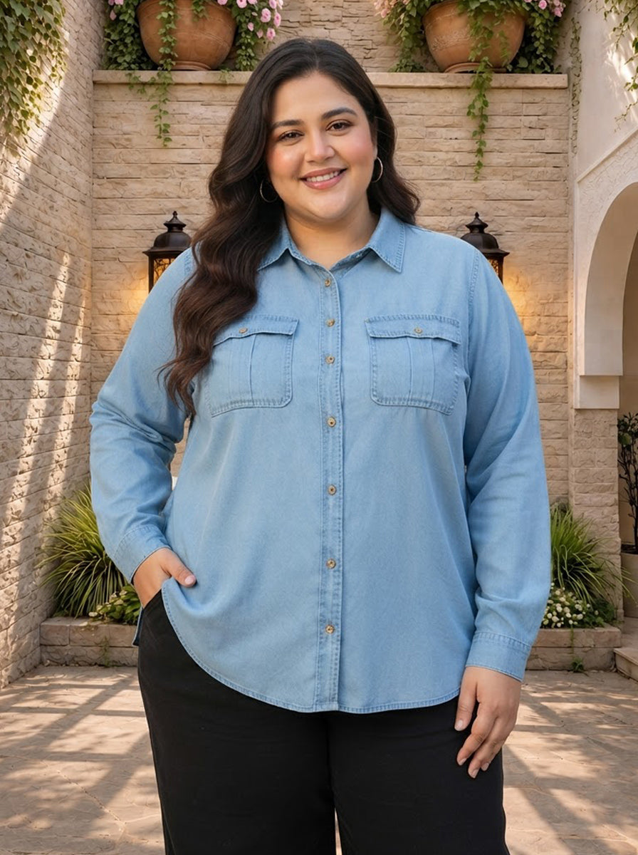 Plus Size Blue Cotton Shirt