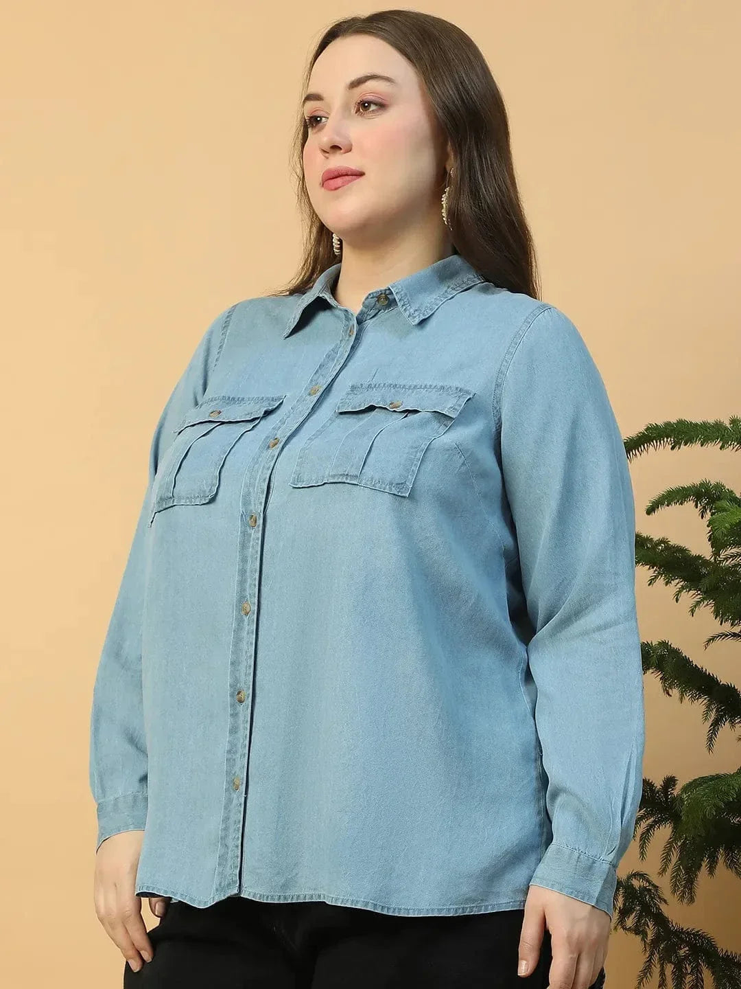Quick Light Blue Collared Neck With Button Down Long Sleeve Plus Size Women Cotton Denim Shirt - oxolloxo