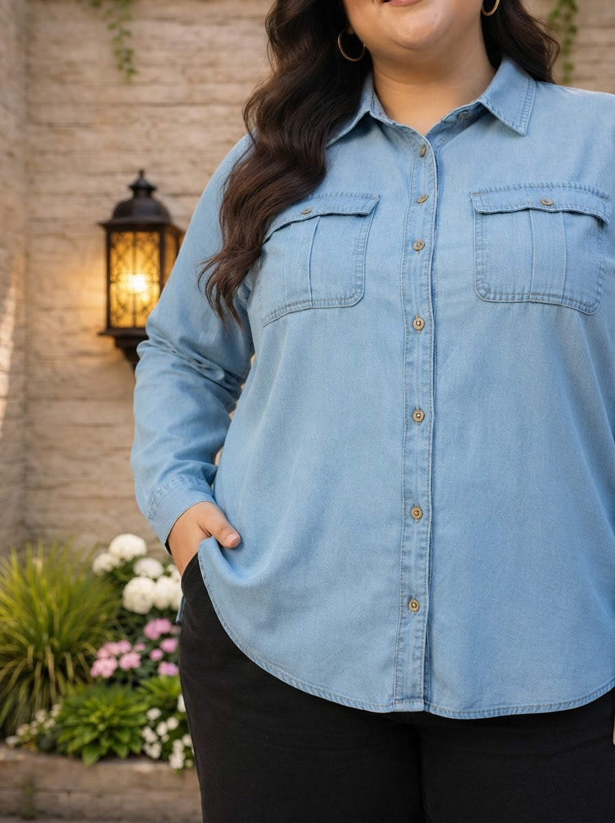 Plus Size Blue Cotton Shirt
