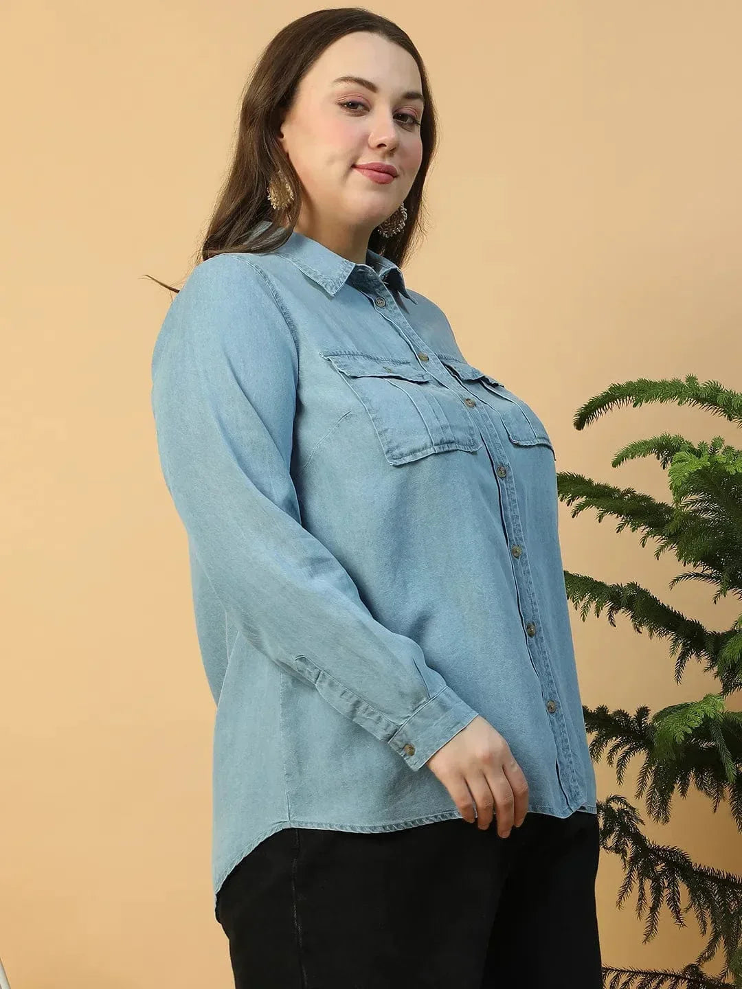 Quick Light Blue Collared Neck With Button Down Long Sleeve Plus Size Women Cotton Denim Shirt - oxolloxo