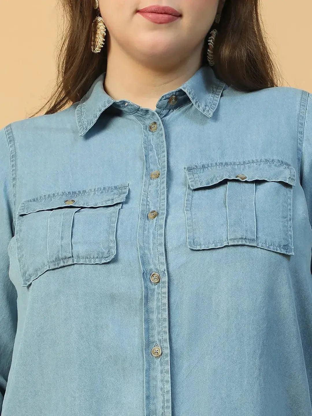 Quick Light Blue Collared Neck With Button Down Long Sleeve Plus Size Women Cotton Denim Shirt - oxolloxo