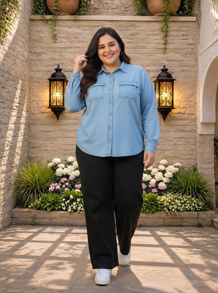 Plus Size Blue Cotton Shirt