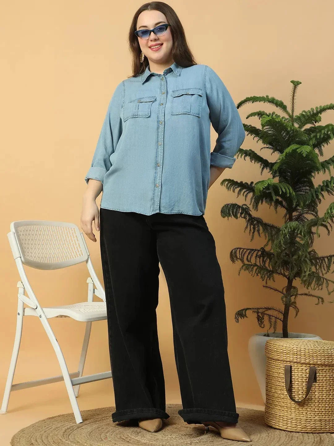 Quick Light Blue Collared Neck With Button Down Long Sleeve Plus Size Women Cotton Denim Shirt - oxolloxo