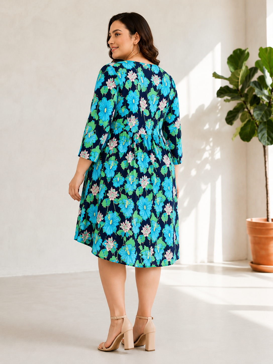 plus size multicolor floral print v neck long sleeve knee length dress
