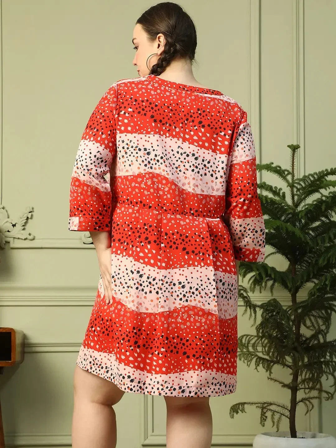 Savvy Red Printed V-Neck Long Sleeve Plus Size Women Dress - oxolloxo