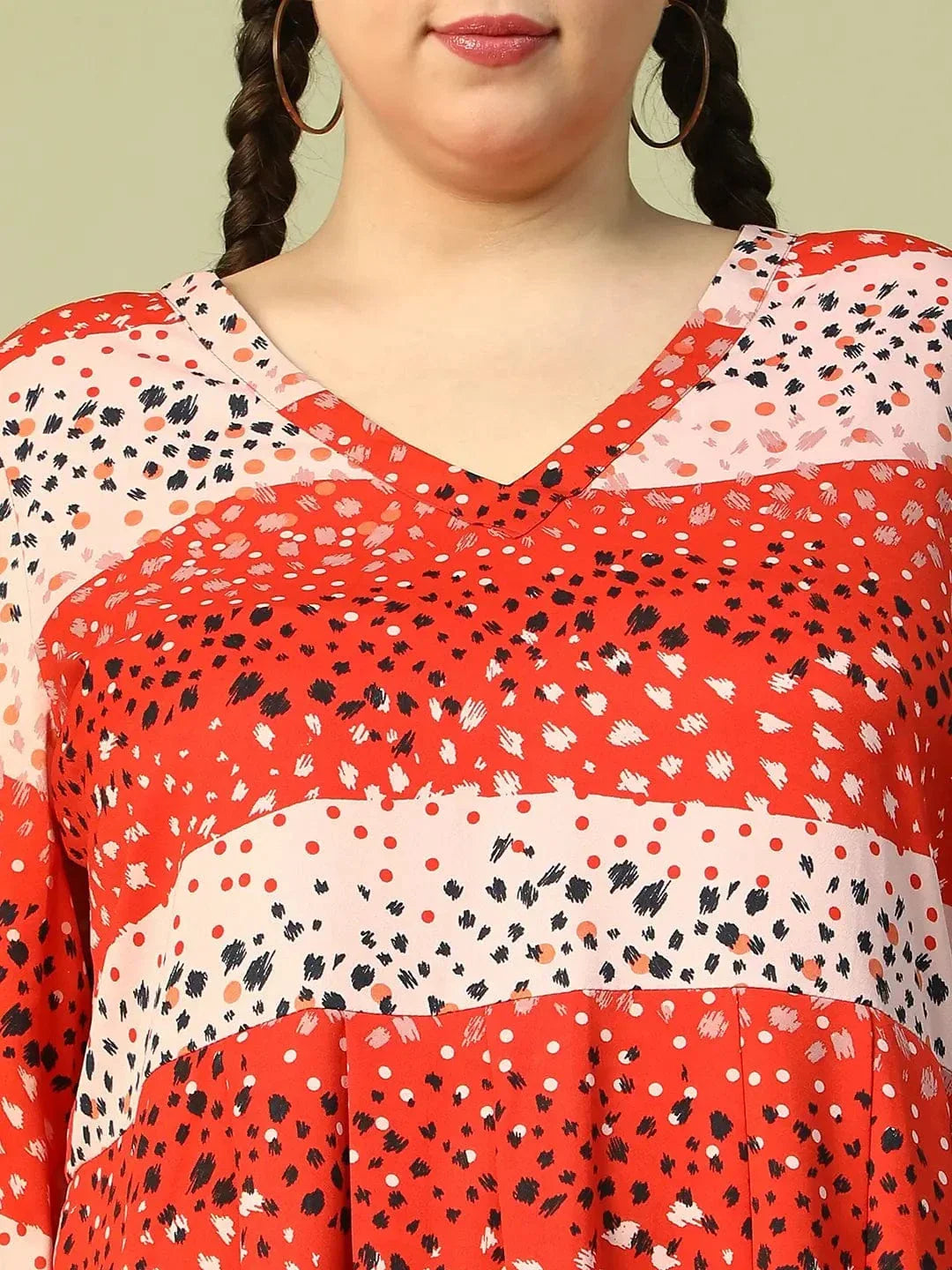 Savvy Red Printed V-Neck Long Sleeve Plus Size Women Dress - oxolloxo