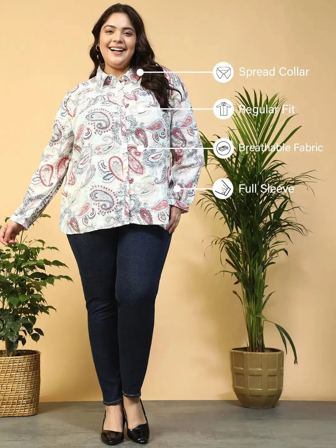 Bloom Multicolor Floral Print Collared Long Sleeve Button Plus Size Women Dobby Cotton Shirt - oxolloxo