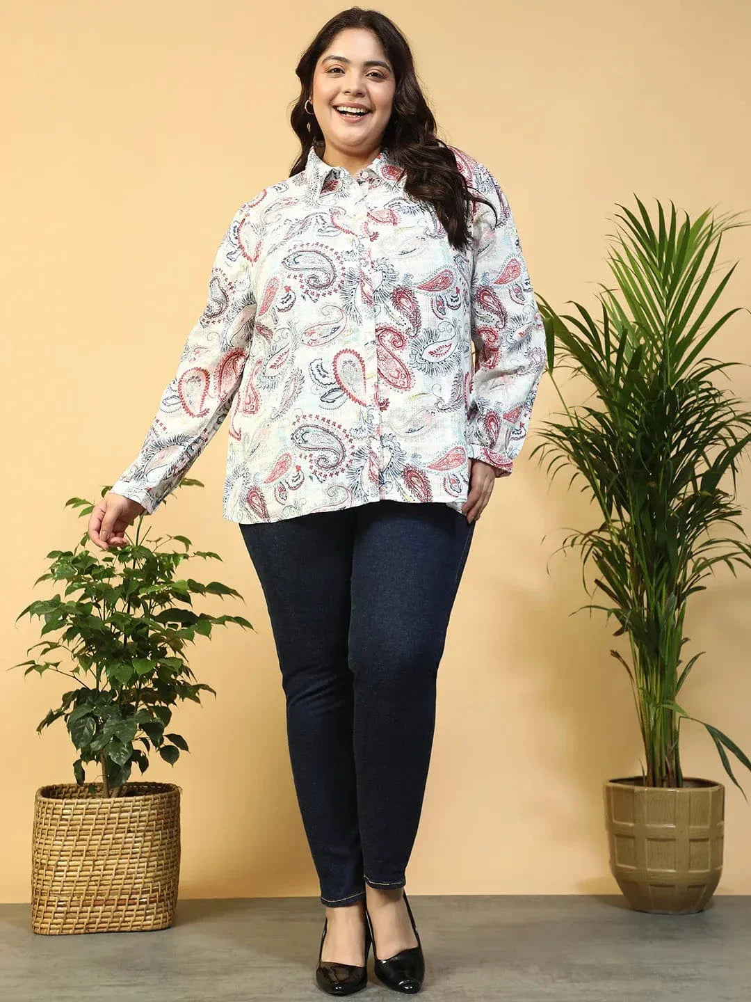 Bloom Multicolor Floral Print Collared Long Sleeve Button Plus Size Women Dobby Cotton Shirt - oxolloxo