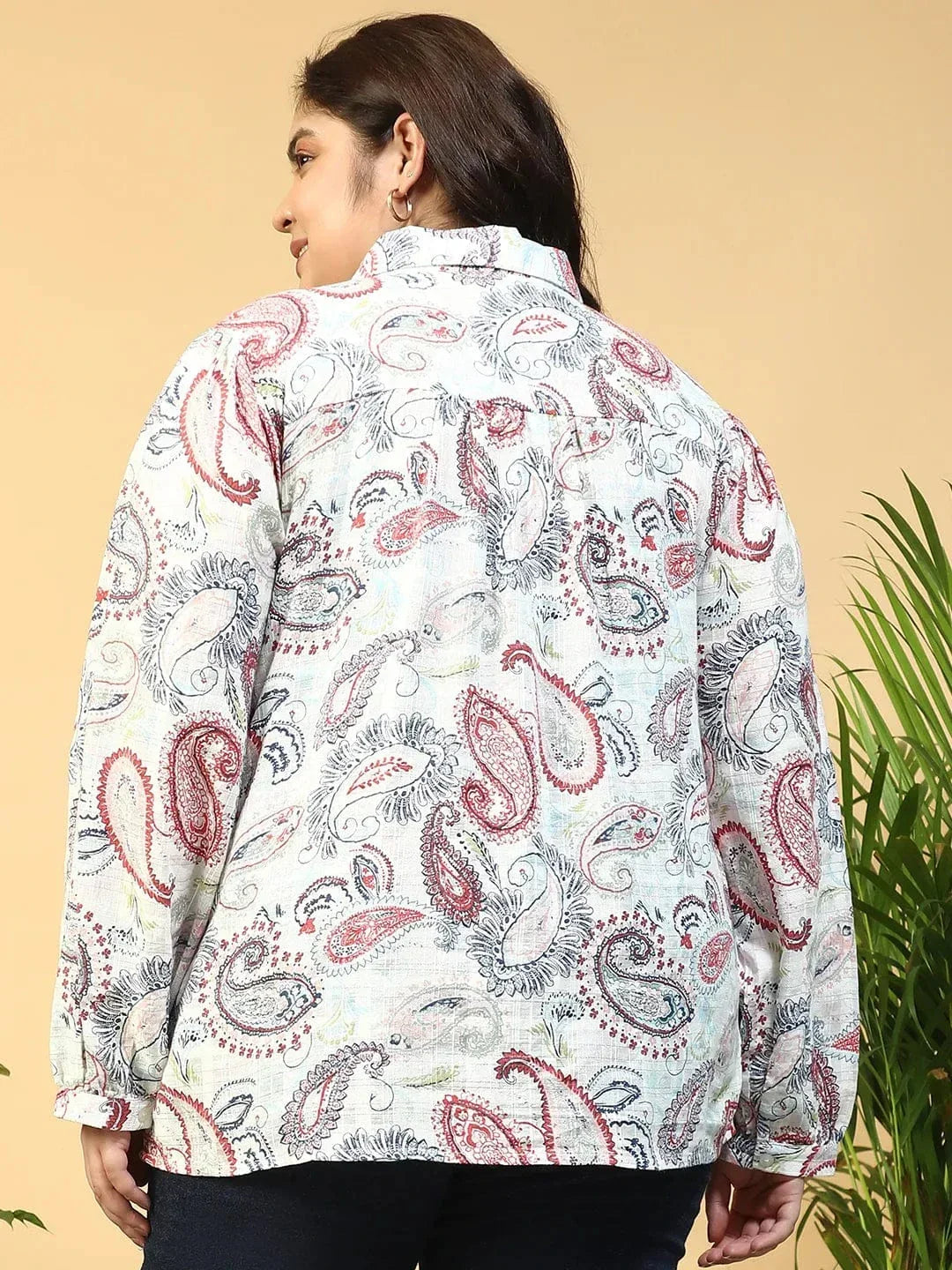 Bloom Multicolor Floral Print Collared Long Sleeve Button Plus Size Women Dobby Cotton Shirt - oxolloxo