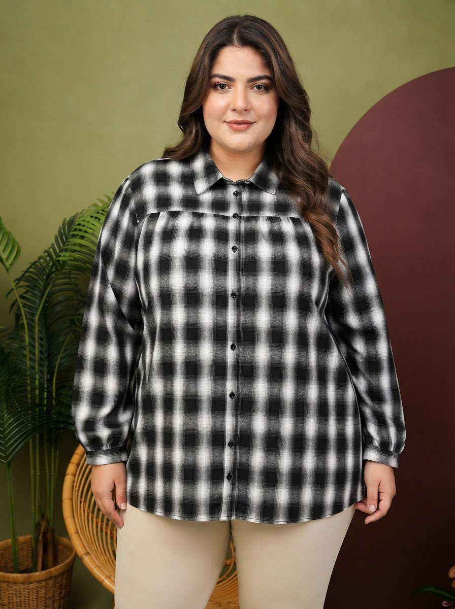 Plus Size Black Check Cotton Shirt